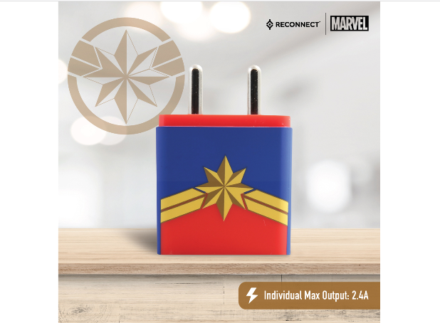 Get 40% OFF - Reconnect Marvel Captain Marvel 12 Watts Wall Charger, Scratch resistant, 2 USB outputs, BIS approved- DWC101 CM