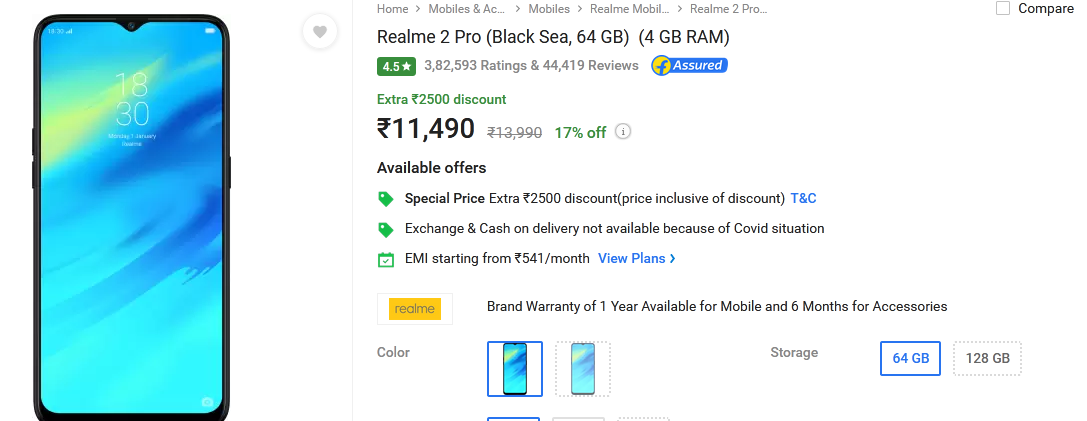 Realme 2 Pro (Black Sea, 64 GB)  (4 GB RAM)
