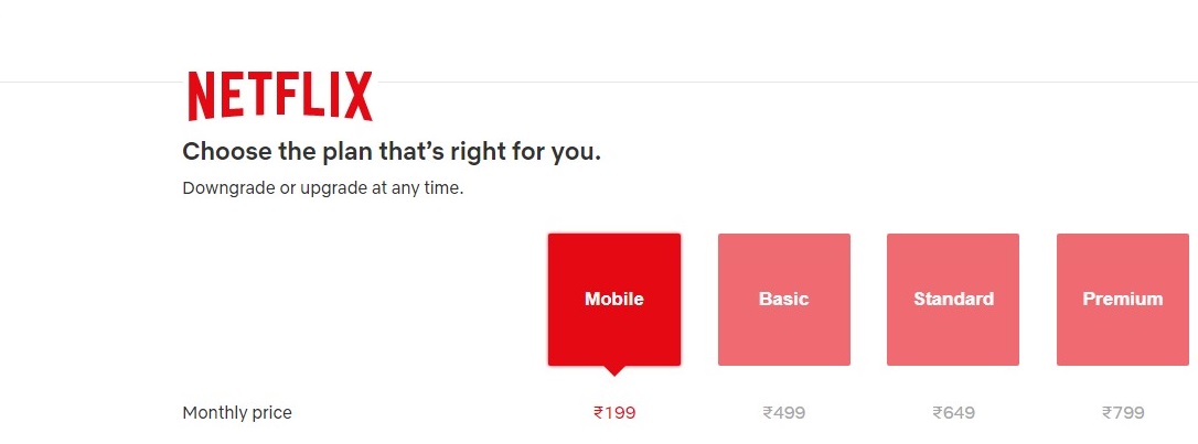 Go Mobile with Netflix @ 199 INR per month