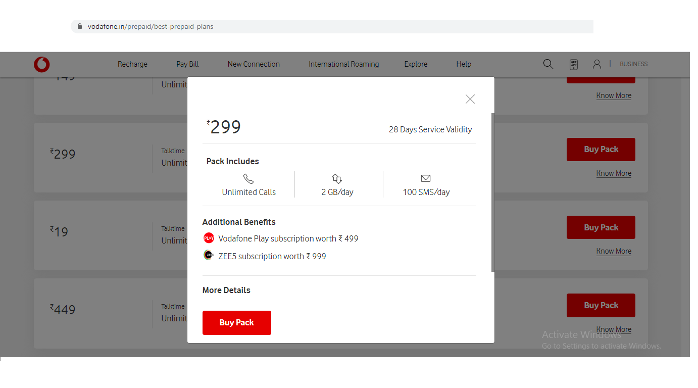 Vodafone current prepaid offers in India starting ₹19