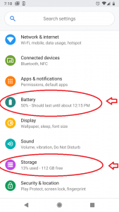 Two tabs contain storage and battery
