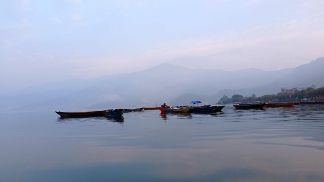Fewa lake and boats in Pokhara, Nepal